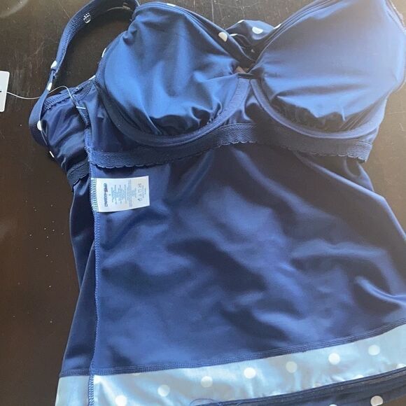 Lands End Plus Standard wrap Tankini top Tummy Control navy white polkadot Var - Picture 11 of 15